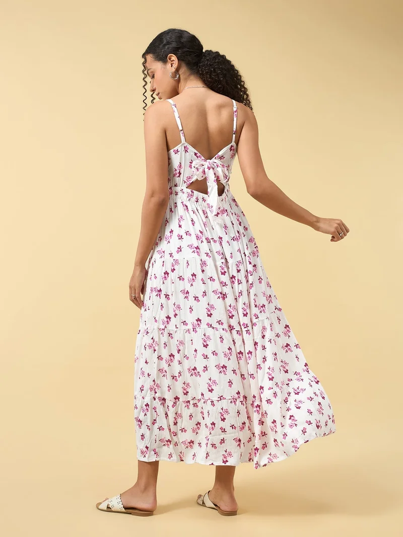 Outzidr  Pink A-Line Tiered Dress With Tie Up Detail At The Back for Women | Best Price UAE